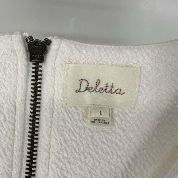 Anthropologie Mini Dress Deletta White Pink Silver Ruched Size L V Neck Stretch - Picture 7 of 8